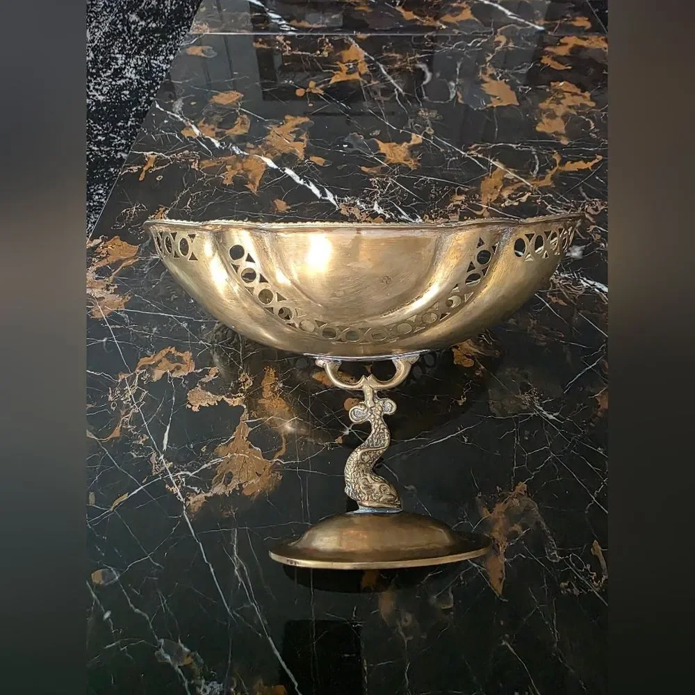 Vintage Brass Fish Pedestal Bowl 7x11.5 Koi